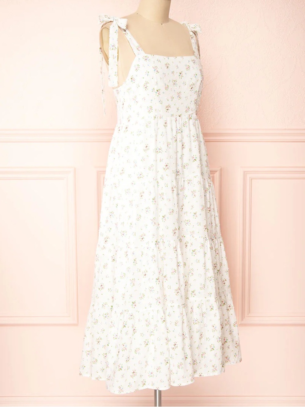 Storia White Floral Midi Cotton Swiss Dot Tiered Dress With Pink Accents